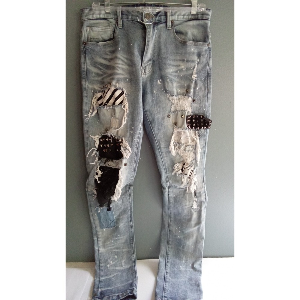 Distressed Denim Jeans Ripped Patched Studded Fashionable Light Wash‎
